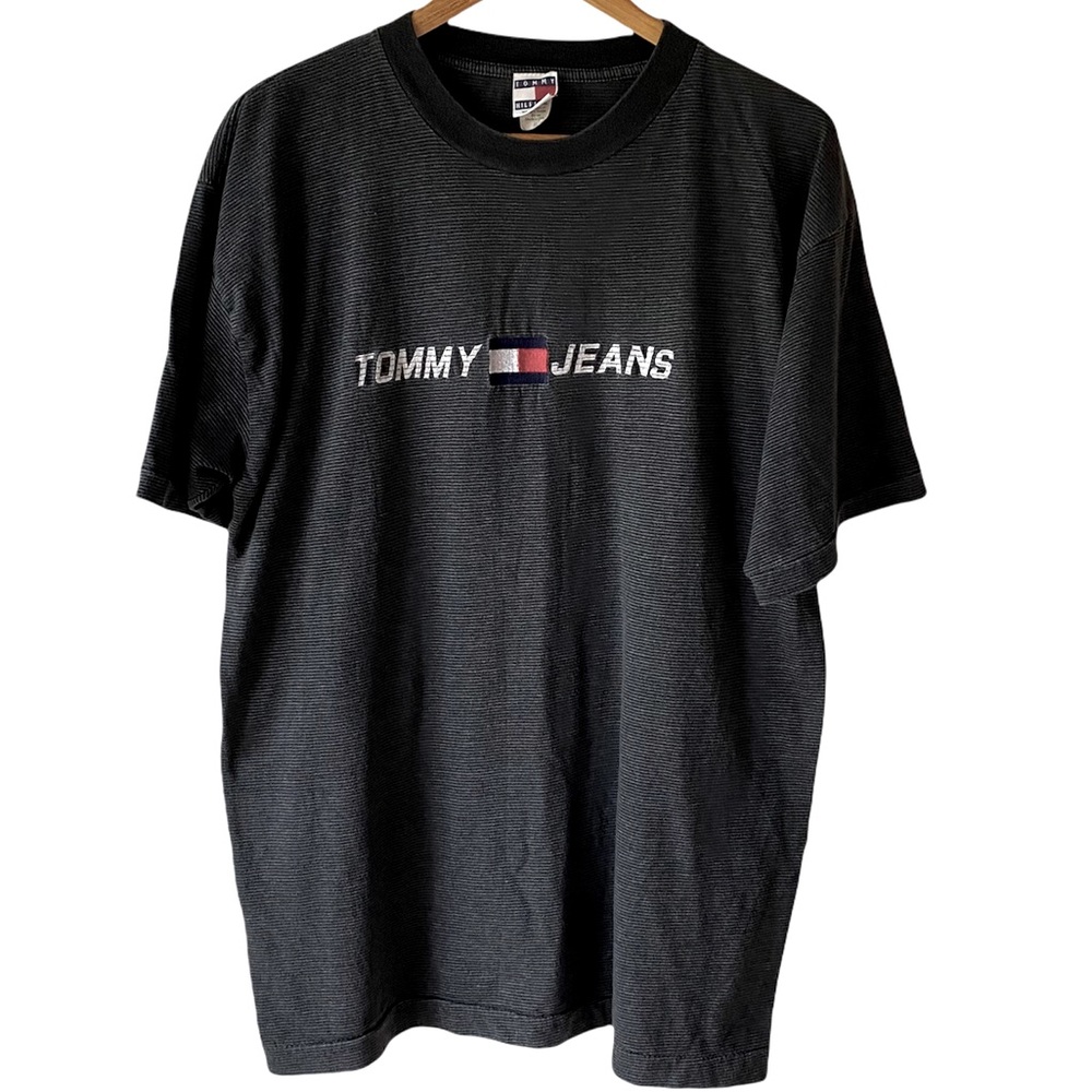 Tommy Hilfiger Vintage 90s Pin Stripe Logo Embroidered Tee Black/Grey Size XL